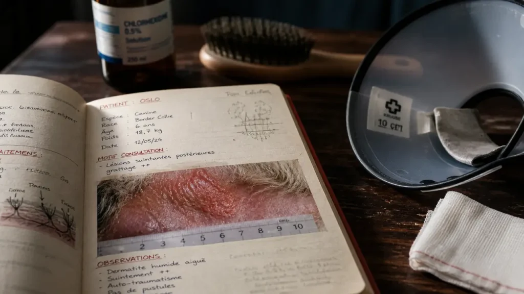 Hot spot chez le chien : une plaie suintante qui peut s’étendre en 24 à 46 h Chien hotspot : dermatite suintante rouge qui s’étend en 24 à 46 h