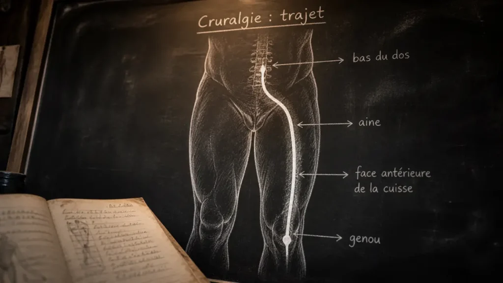 Cruralgie ou sciatique : un trajet antérieur, deux remèdes homéopathiques cités et des signes d’alerte Cruralgie homeopathie : trajet bas du dos à l’avant de la cuisse