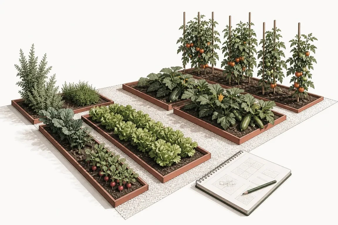 Comment organiser son potager : illustration d’un potager organisé avec zones soleil, mi-ombre et allées faciles d’accès