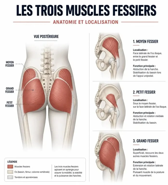 Schéma anatomique des muscles fessiers pour muscler ses fessiers efficacement