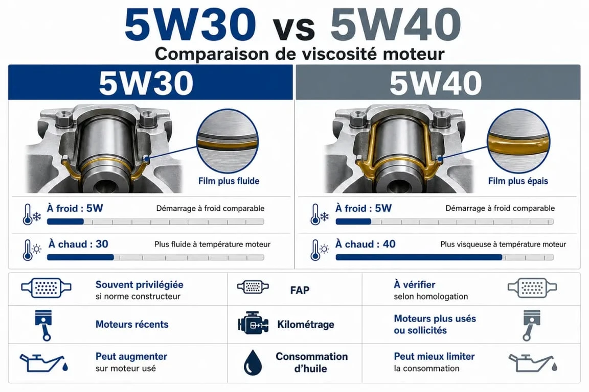 Huile 5W40 ou 5W30 : comparaison visuelle des viscosités, du FAP et des usages