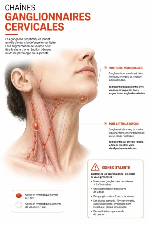 Ganglion douloureux cou illustré avec les zones cervicales et les signes d’alerte