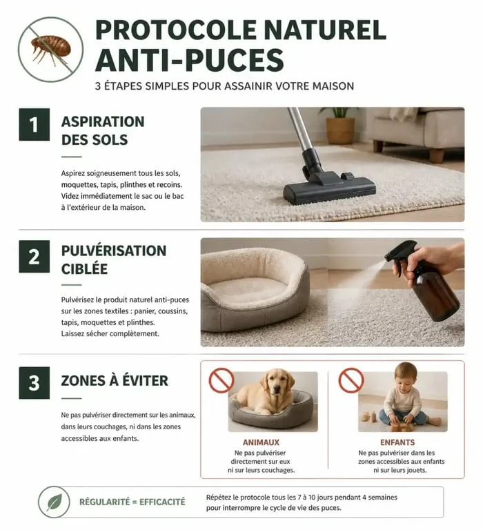 Infographie du protocole de traitement maison anti-puces avec huiles essentielles