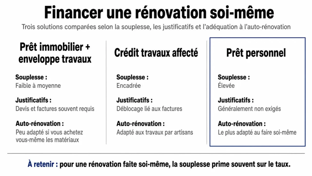 Prêt immobilier avec travaux fait soi-même : comparaison visuelle des solutions de financement