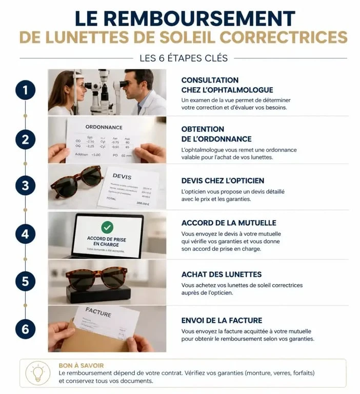 Infographie du parcours de remboursement des lunettes de soleil avec correction