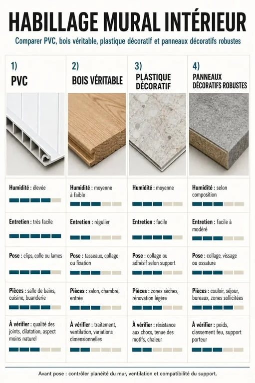 Infographie habillage mur intérieur comparant PVC, bois, plastique et panneaux décoratifs par usages et entretien