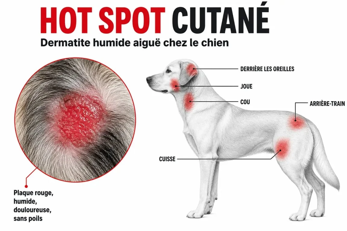 Infographie chien hotspot montrant l’aspect rouge et humide de la lésion et les zones du corps les plus touchées