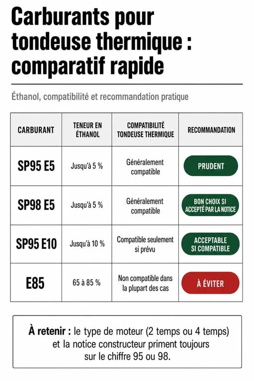 Infographie sur essence tondeuse 95 ou 98 avec comparaison SP95 E5, SP98 E5, E10 et E85