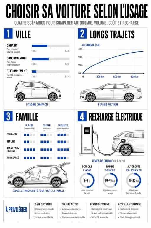 bycars guide achat auto : visuel comparant usage urbain, longs trajets, famille et recharge pour choisir une voiture