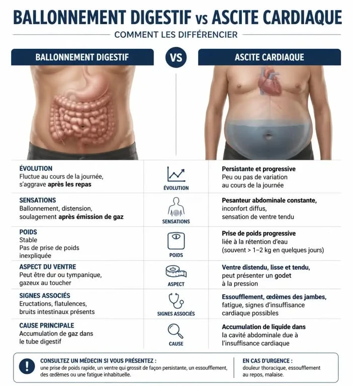 Tableau comparatif entre ballonnement digestif et ascite cardiaque en cas d'insuffisance cardiaque.
