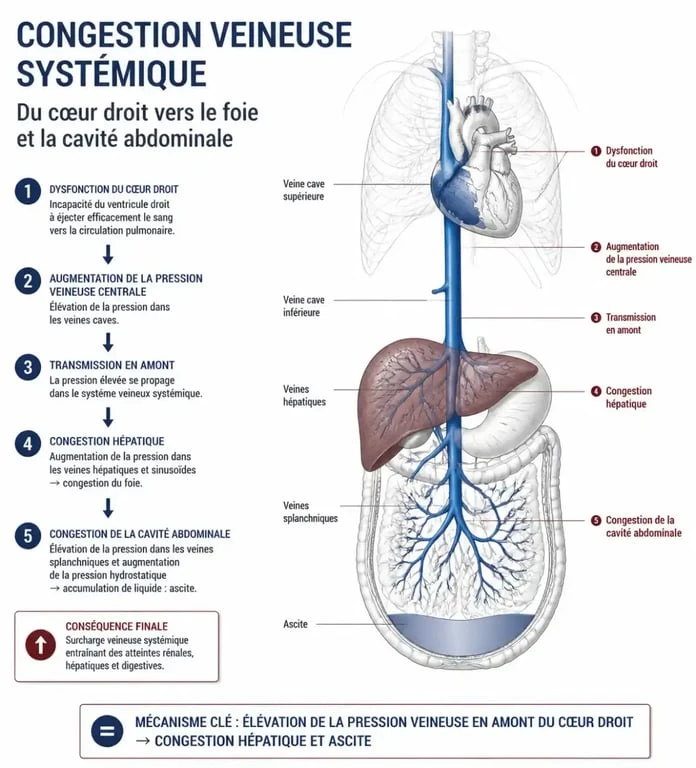 Schéma explicatif du mécanisme de congestion veineuse et ventre gonflé lié à l'insuffisance cardiaque.