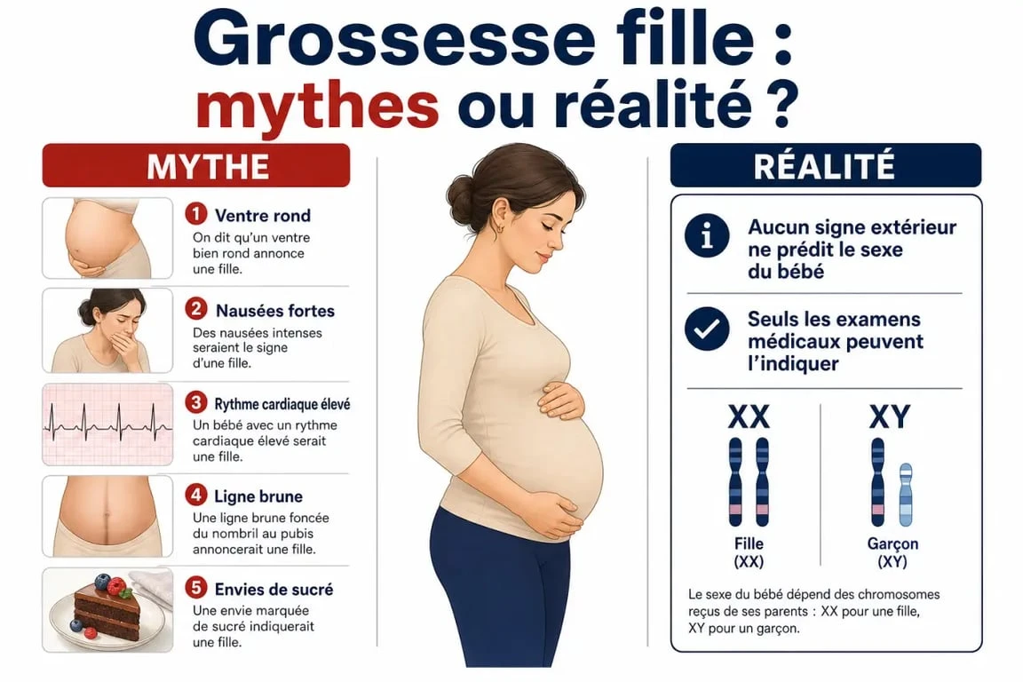 Signes grossesse fille : illustration éditoriale montrant les croyances populaires et la distinction avec la réalité médicale