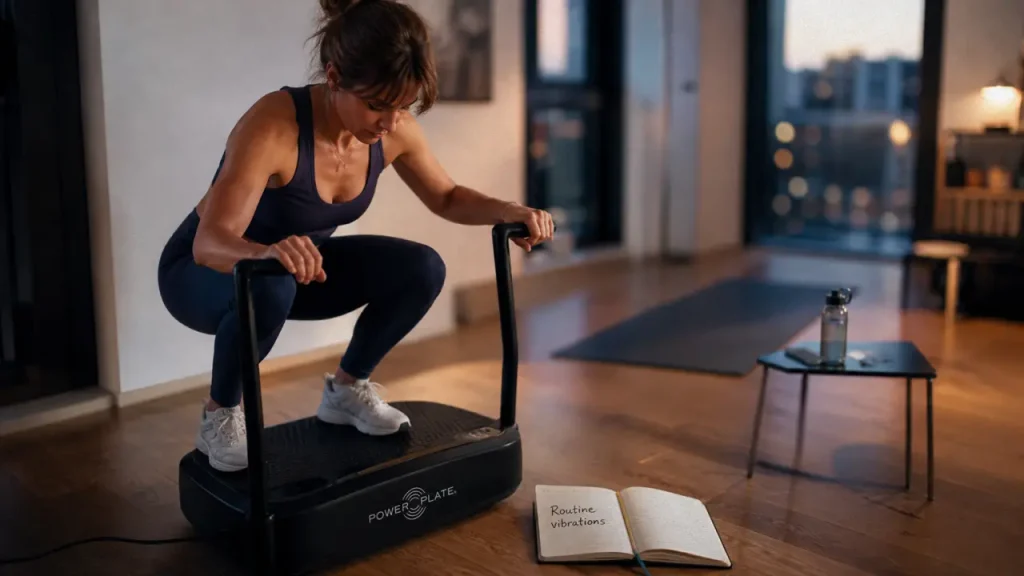 Plateforme vibrante : ce qu’elle fait vraiment, ses limites et comment la choisir Plateforme vibrante bienfaits : femme sur plateforme vibrante