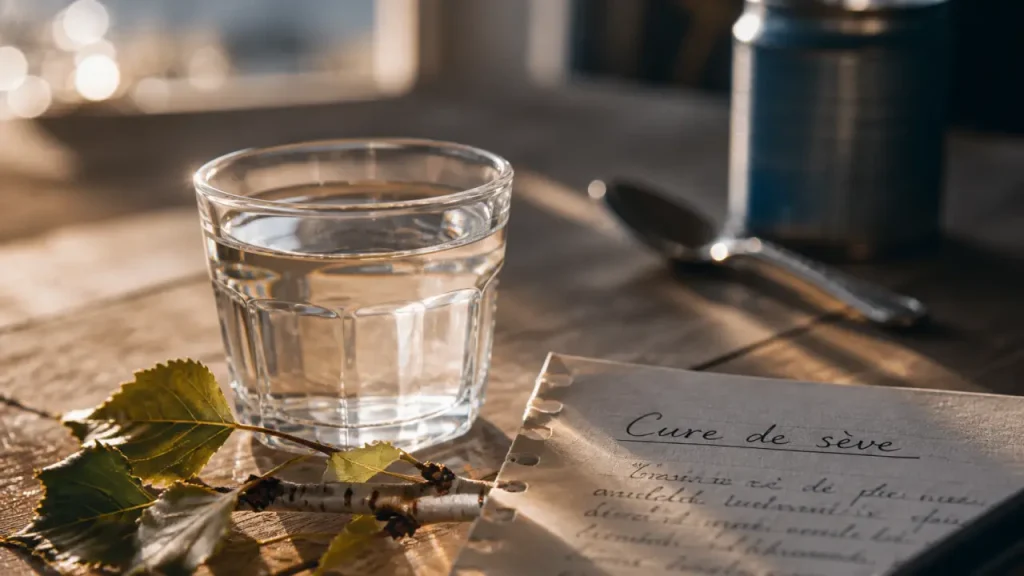 Sève de bouleau et sommeil : verre de cure sur table