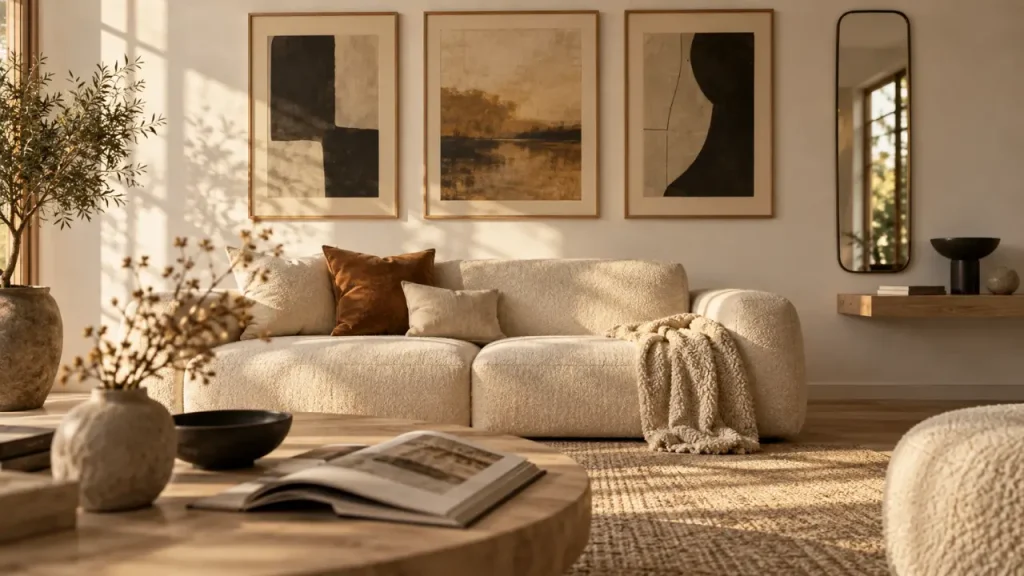 Décorer un mur blanc sans le remplir : 4 repères pour créer du relief Décorer un mur blanc : triptyque et miroir créent du relief sur mur blanc