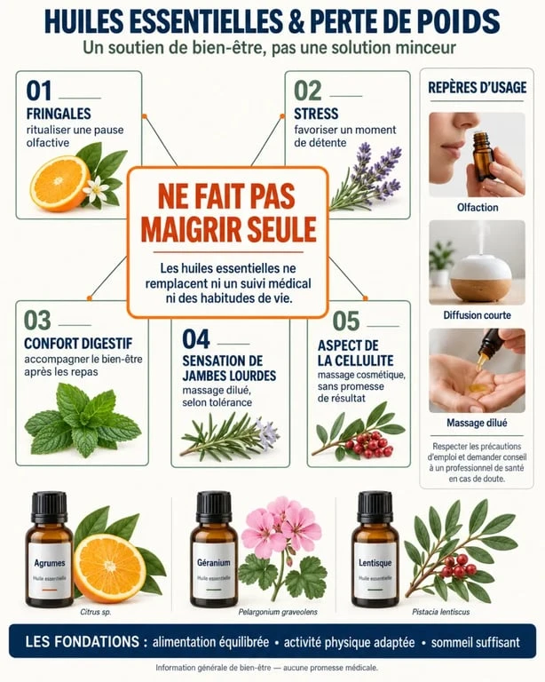Infographie sur l'huile essentielle perte de poids et ses usages d'accompagnement