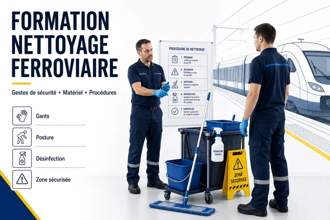 Agent de nettoyage train Paris et formation professionnelle en salle de formation avec matériel de nettoyage