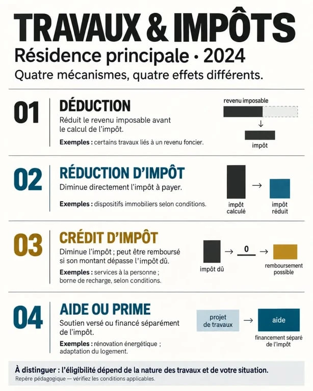 Travaux déductibles impôts résidence principale 2024 : différence entre déduction, crédit d'impôt, réduction et aides