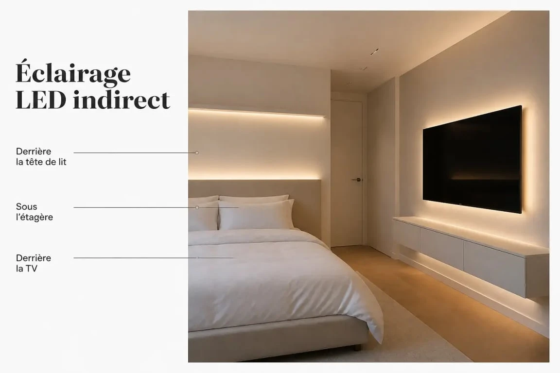 LED déco chambre : exemple de pose derrière le lit, l'étagère et la TV