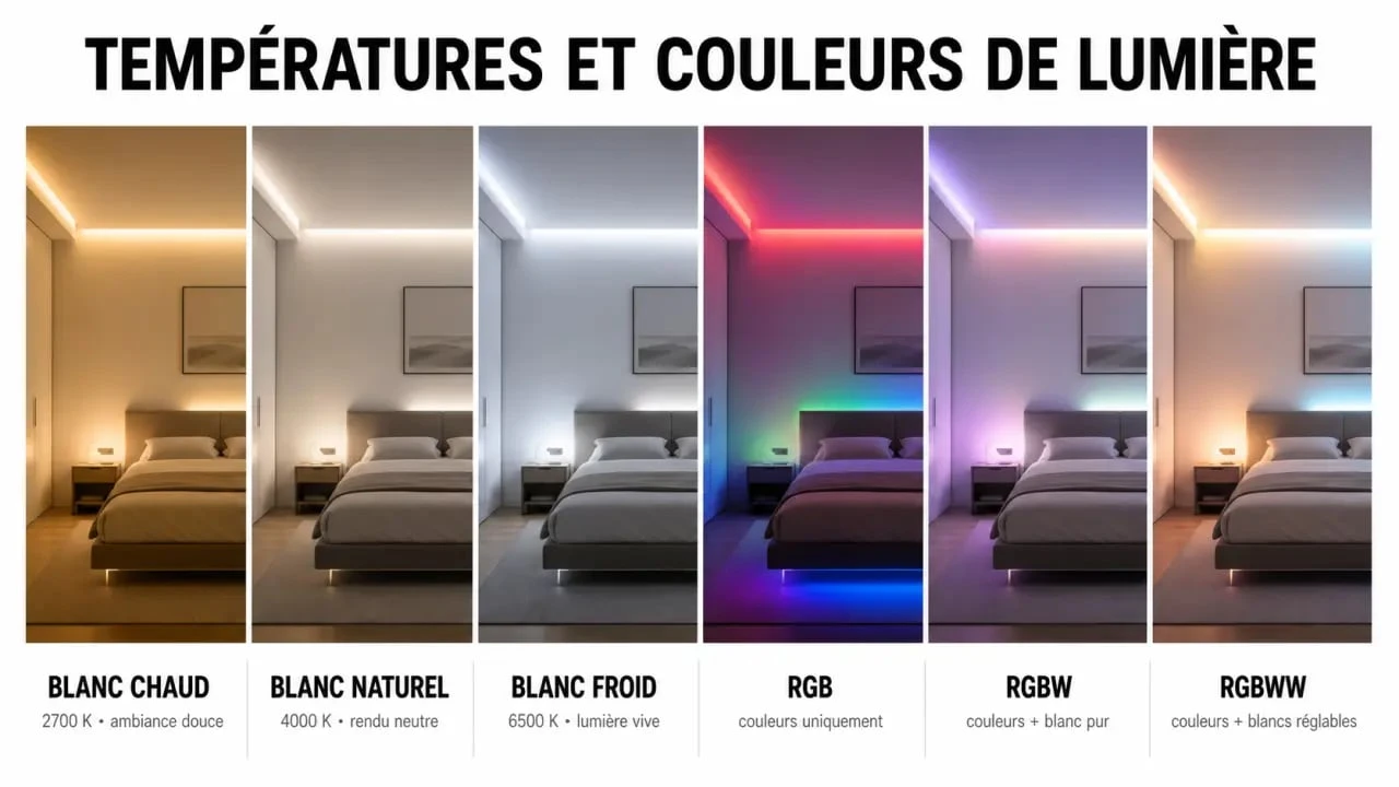 LED déco chambre : comparaison des couleurs blanc chaud, blanc naturel, blanc froid, RGB, RGBW et RGBWW