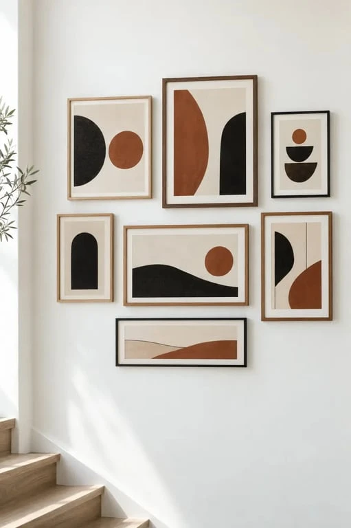Composition de cadres pour decorer un mur blanc dans un couloir