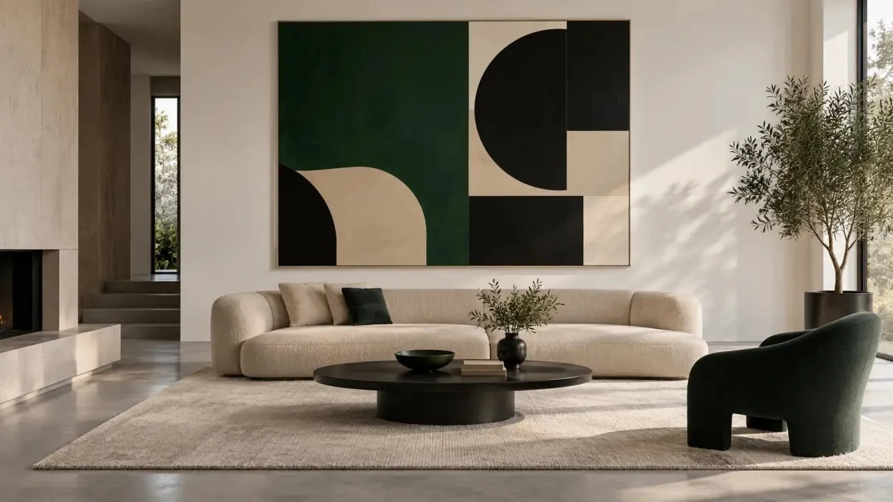 Idée pour decorer un mur blanc avec une grande œuvre colorée au-dessus d’un canapé