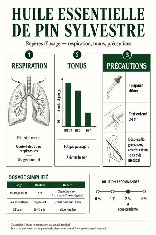 Pin sylvestre huile essentielle bienfaits : schéma éditorial sur la respiration, le tonus et les précautions d’emploi