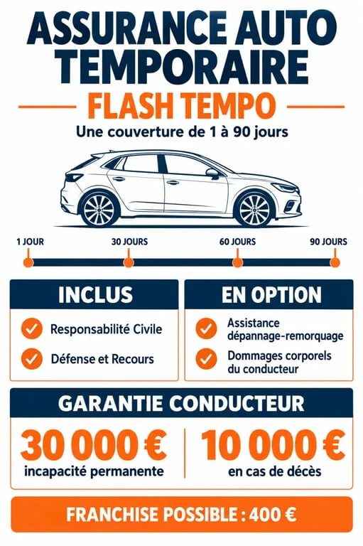Infographie Flash Tempo assurance auto sur les garanties, options et plafonds de l’assurance temporaire