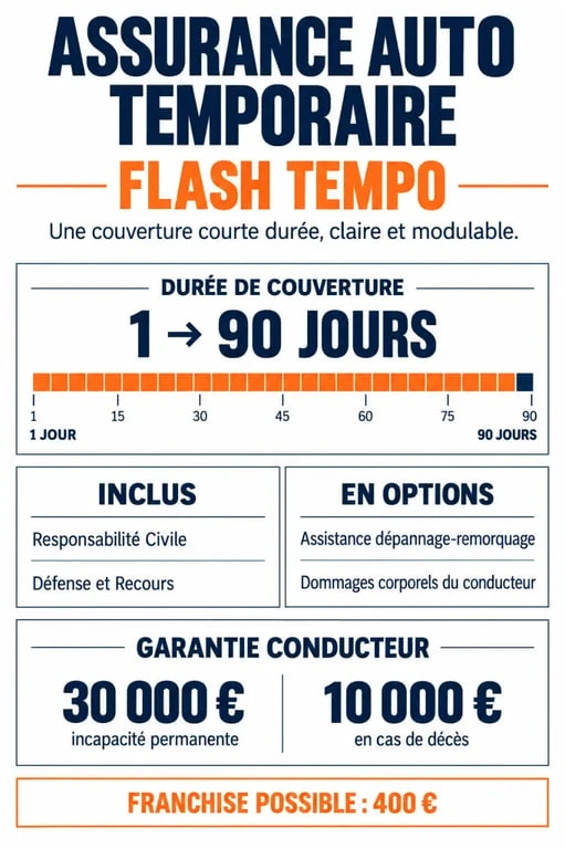 Infographie Flash Tempo assurance auto sur les garanties, options et plafonds de l’assurance temporaire