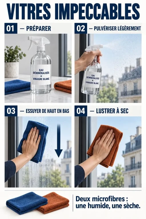 Nettoyant à vitre maison : préparation du mélange et essuyage à la microfibre