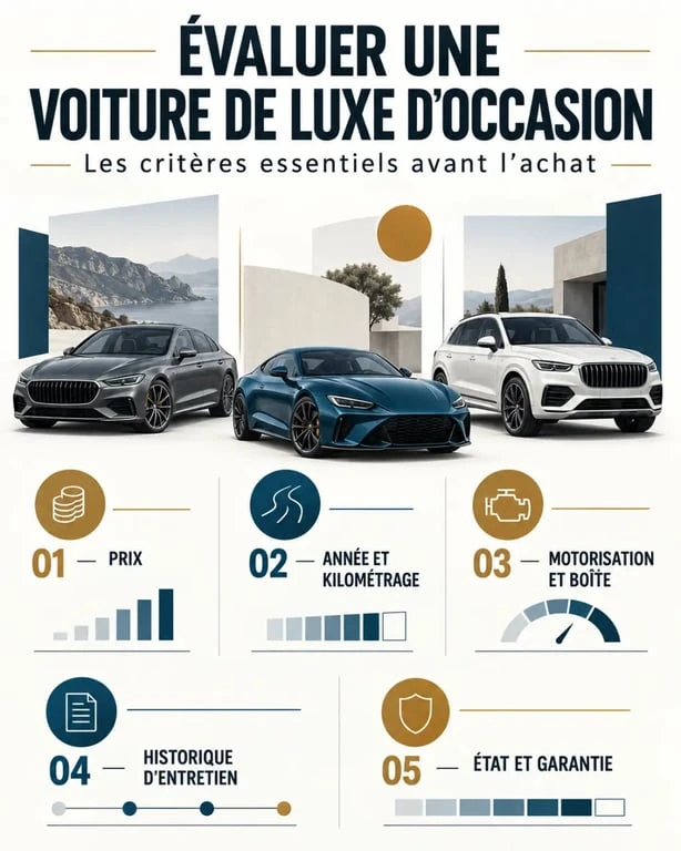 Infographie pour choisir une voiture lux occasion selon le prix, le kilométrage et l'historique