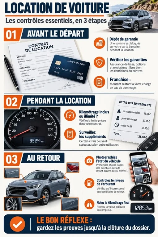 Carfully.fr : infographie des vérifications à effectuer avant, pendant et après une location de voiture