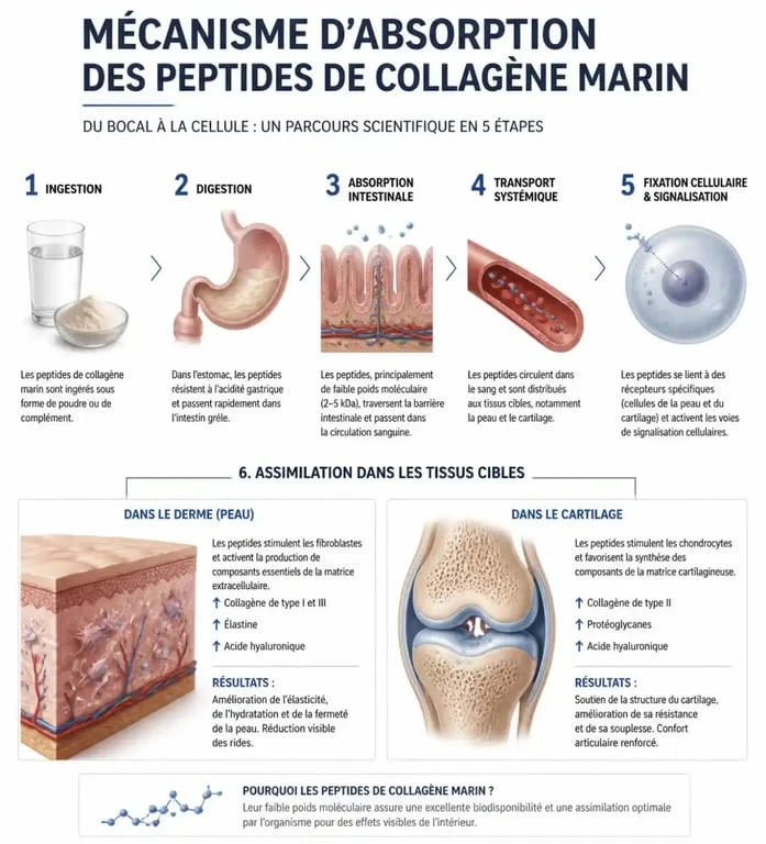 Mécanisme d'absorption et bienfaits du collagène marin sur la peau et les articulations