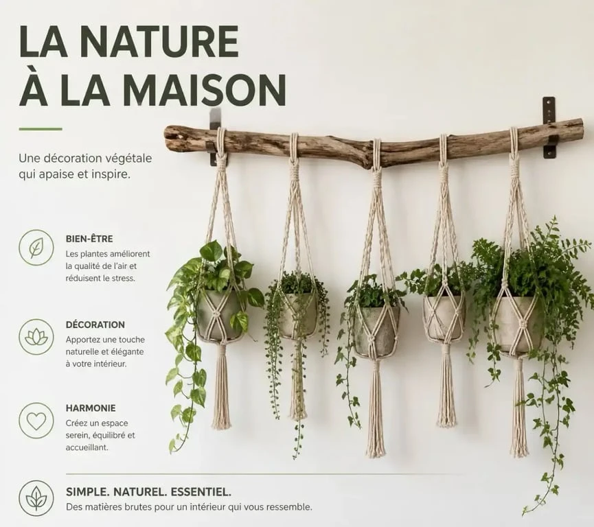 Suspension pour plantes en bois flotté et macramé pour ambiance nature