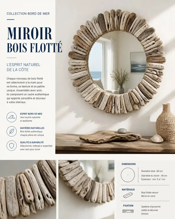 Miroir personnalisé avec cadre en bois flotté pour une décoration bord de mer