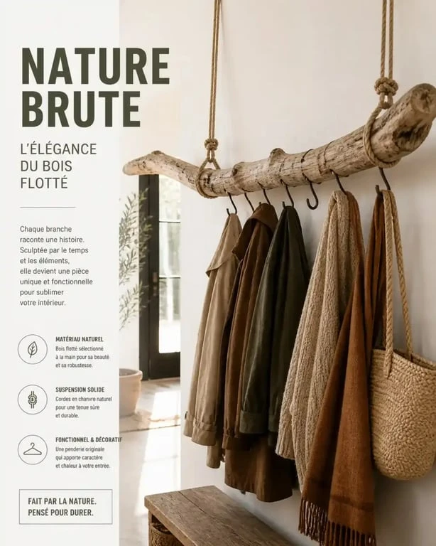 Penderie d'entrée suspendue en bois flotté pour une décoration nature