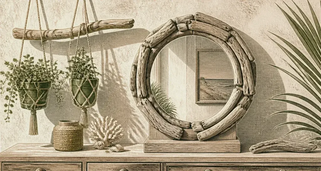 Déco bois flotté : 7 idées DIY pour une ambiance nature et récup Idées déco bois flotté ambiance nature : miroir rond sur bois flotté