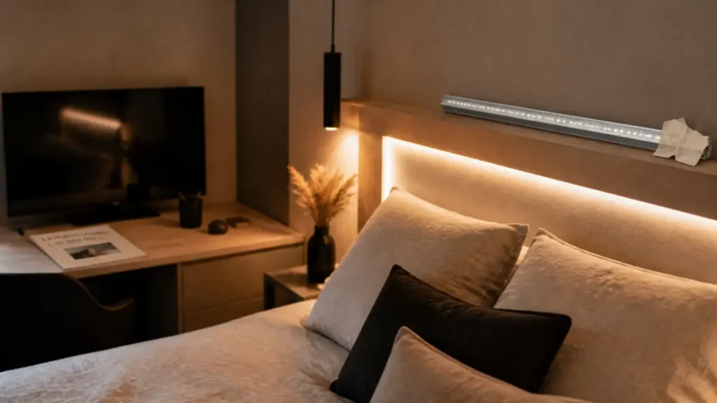 led déco chambre : ruban LED blanc chaud derrière tête de lit