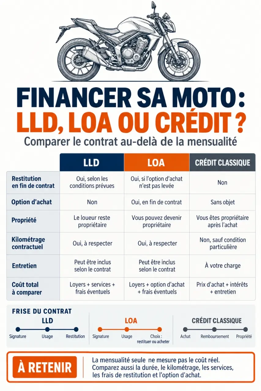 Infographie comparative sur une moto en LLD, LOA et crédit classique
