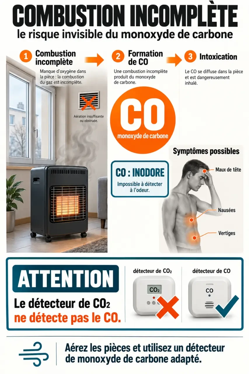 Schéma du danger d’un chauffage gaz bouteille intérieur : combustion incomplète, monoxyde de carbone et symptômes