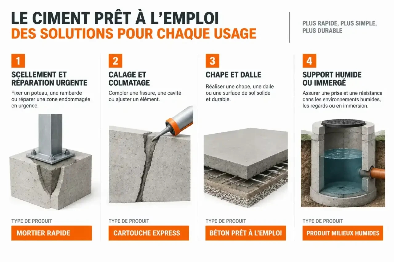Ciment prêt à l'emploi : quel produit choisir selon l'usage, du scellement à la chape en passant par les zones humides