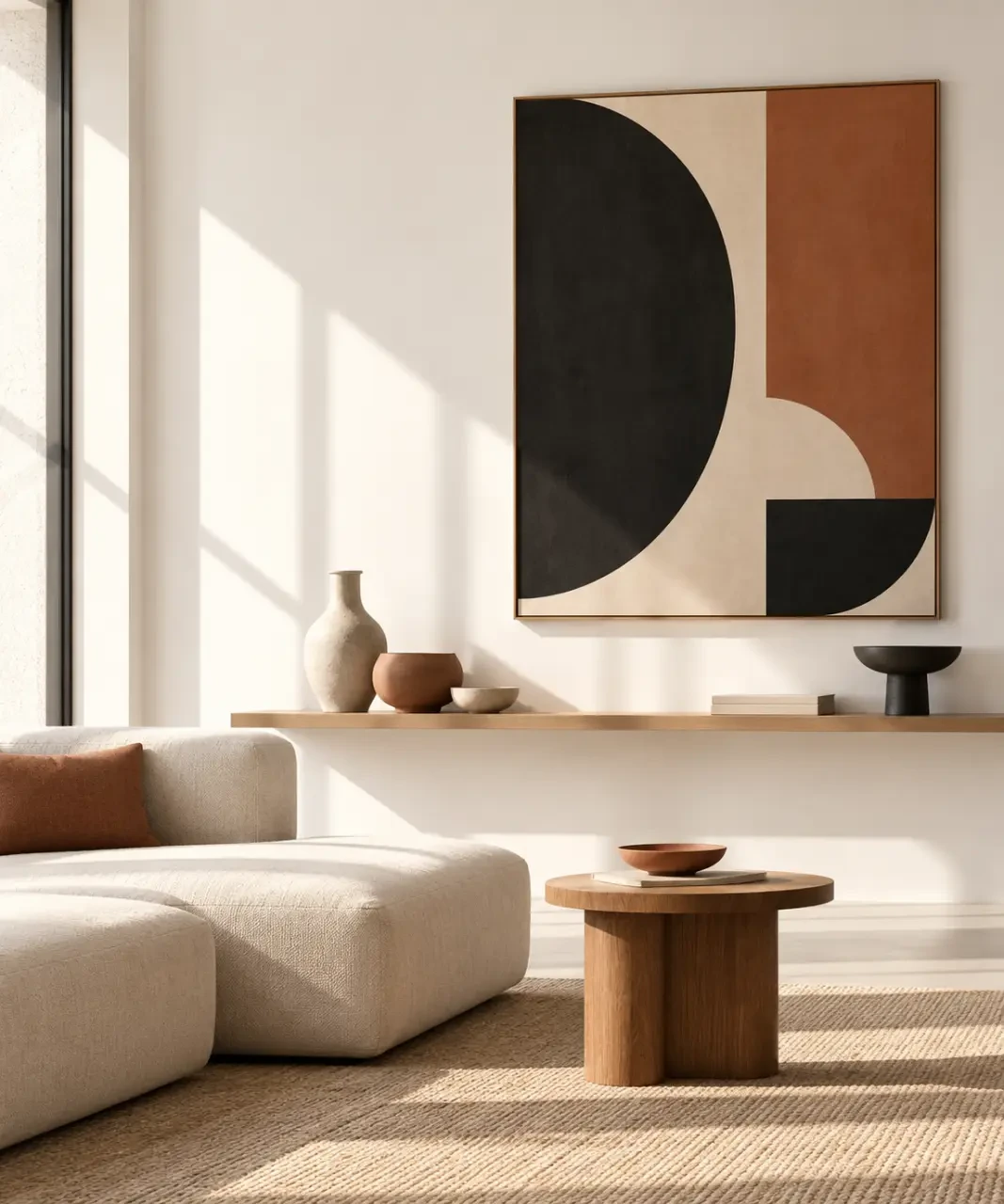Idée pour décorer un mur blanc dans un salon avec tableau et étagère