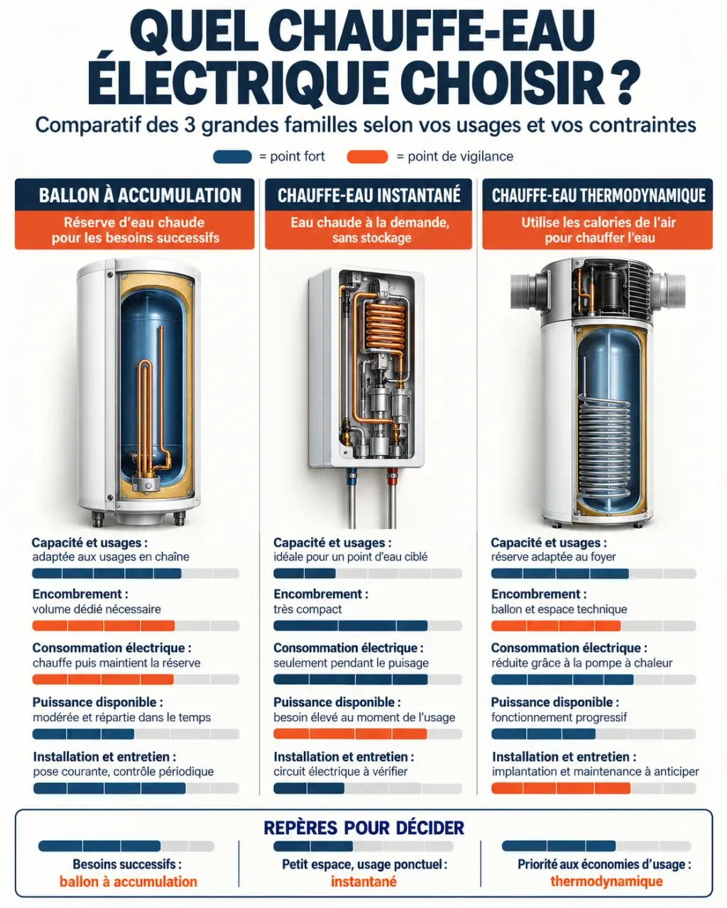 Infographie comparative pour choisir la meilleure chauffe-eau électrique selon la capacité, l’encombrement et la consommation