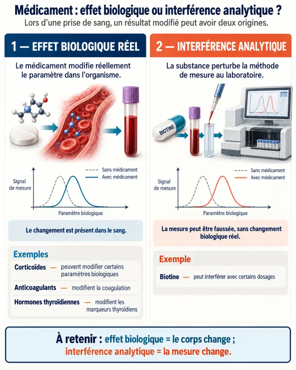 Quel médicament peut fausser une prise de sang : différence entre effet biologique et interférence analytique