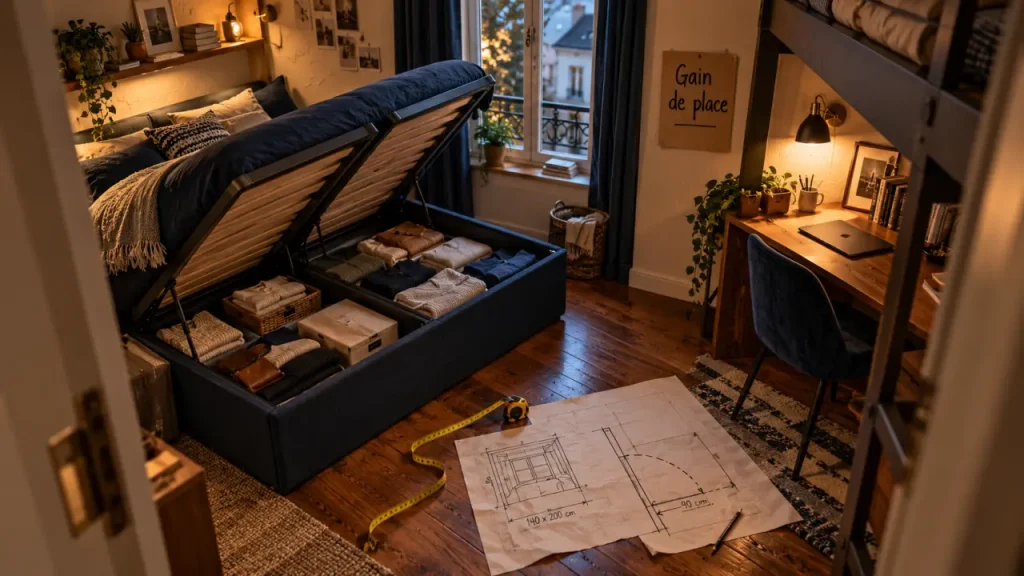 Lit pour petit chambre : lit coffre ouvert, rangement au sol libéré